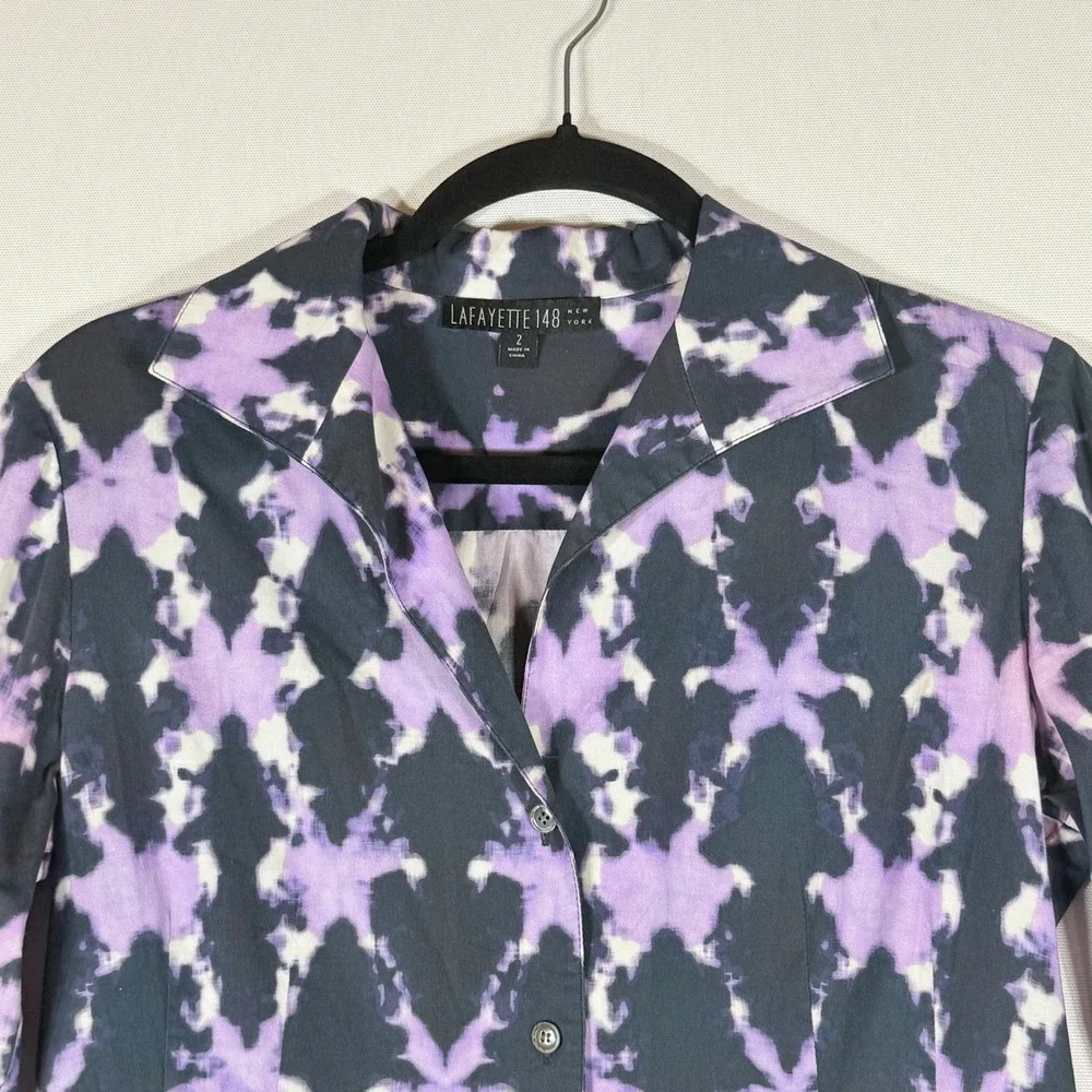Lafayette 148 Womens 2 Purple Black Cotton Blend Button‎ Down Shirt Top Career - Picture 2 of 7